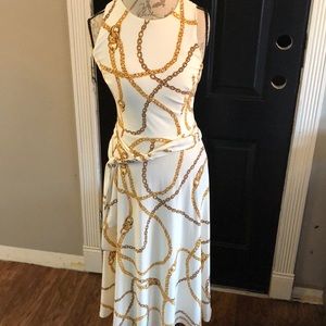 Lauren Ralph Lauren White and Gold Chain Print Midi Dress